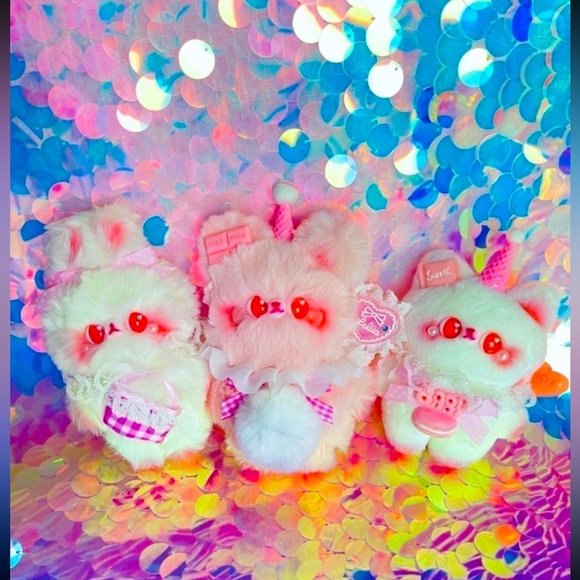 Strawberry Pink Sugar Cone Bunny Cat & Teddy Bear Plush Set